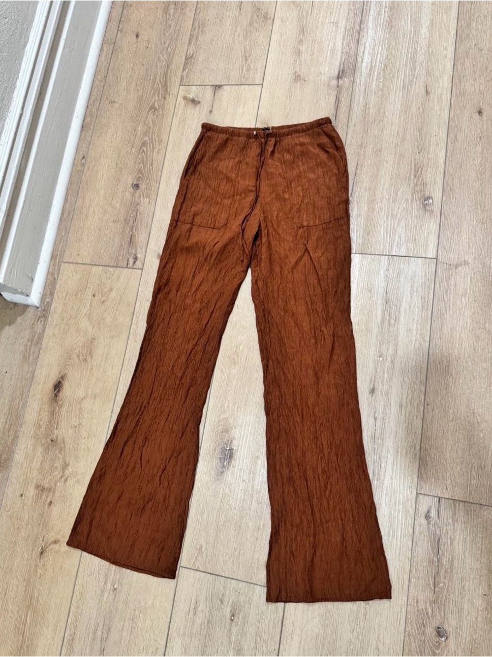 Zara beautiful Rust Crinkled Wide-Leg Drawstring Pants XS oversized